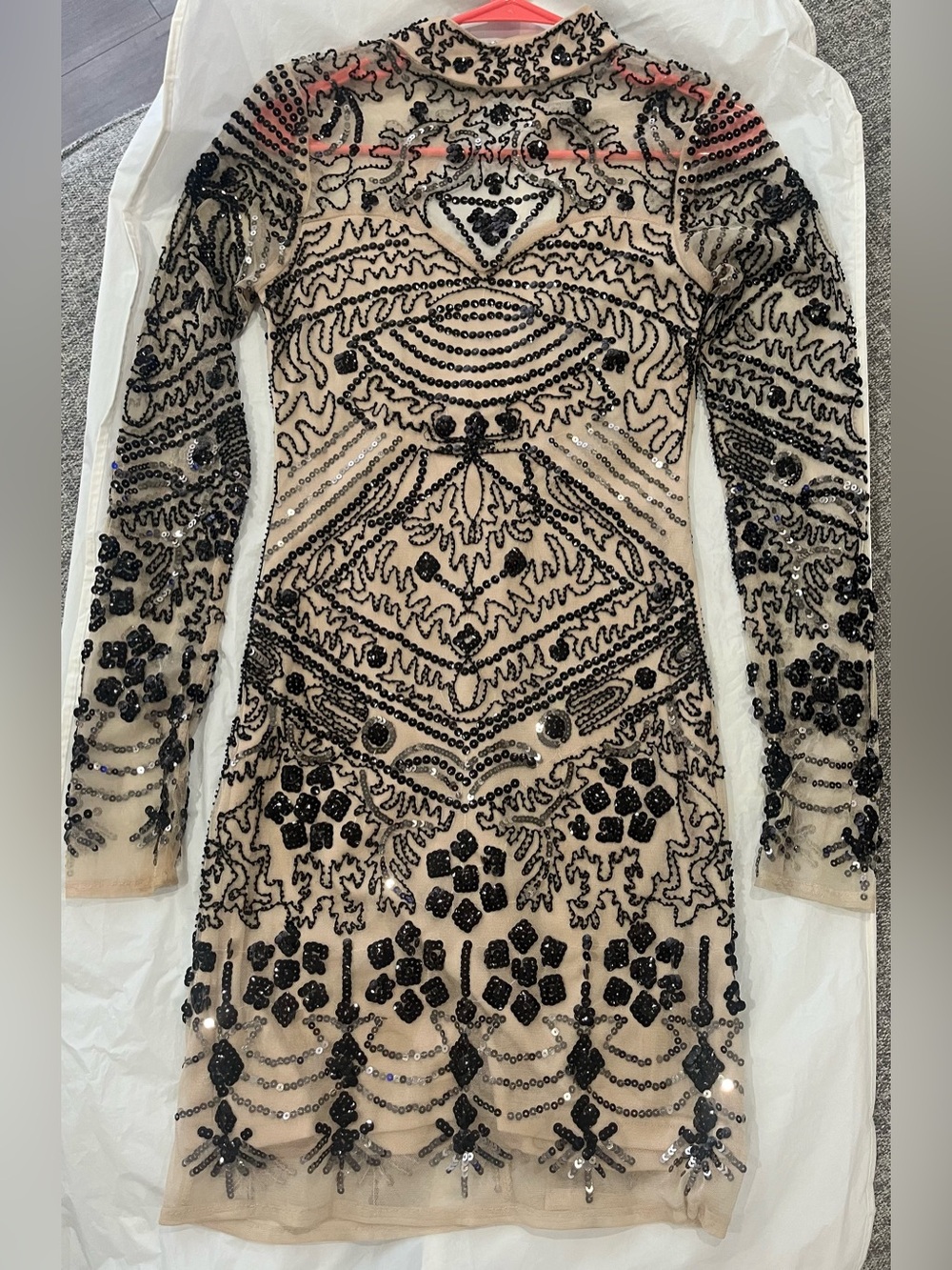 Gianni Bini Nude Sheer Long-Sleeve Dress with Black Beading
